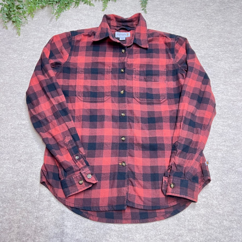 Carhartt Plaid Lightweight Flannel Rust Black Workwear Utility EUC Sz XS Casual